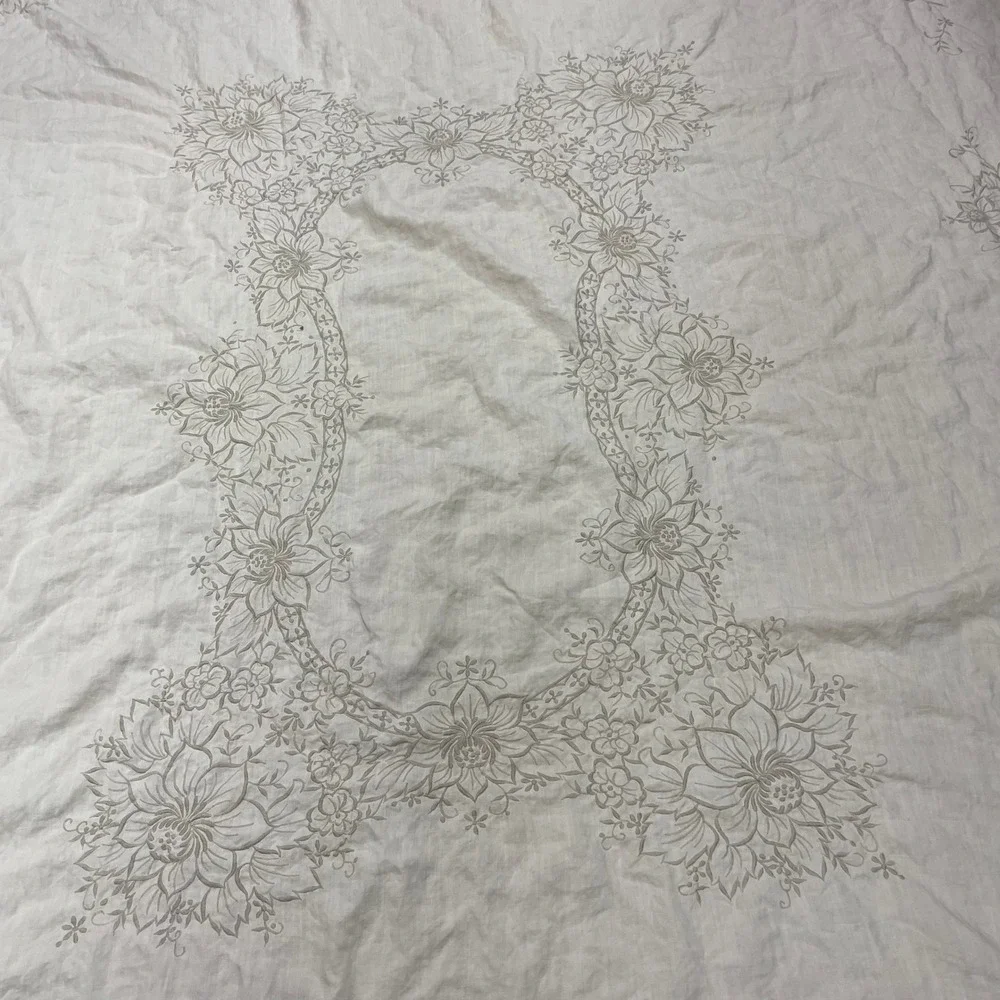 Vintage Tablecloth Beige Floral Embroidered Scalloped Linen Bridal Baby Formal